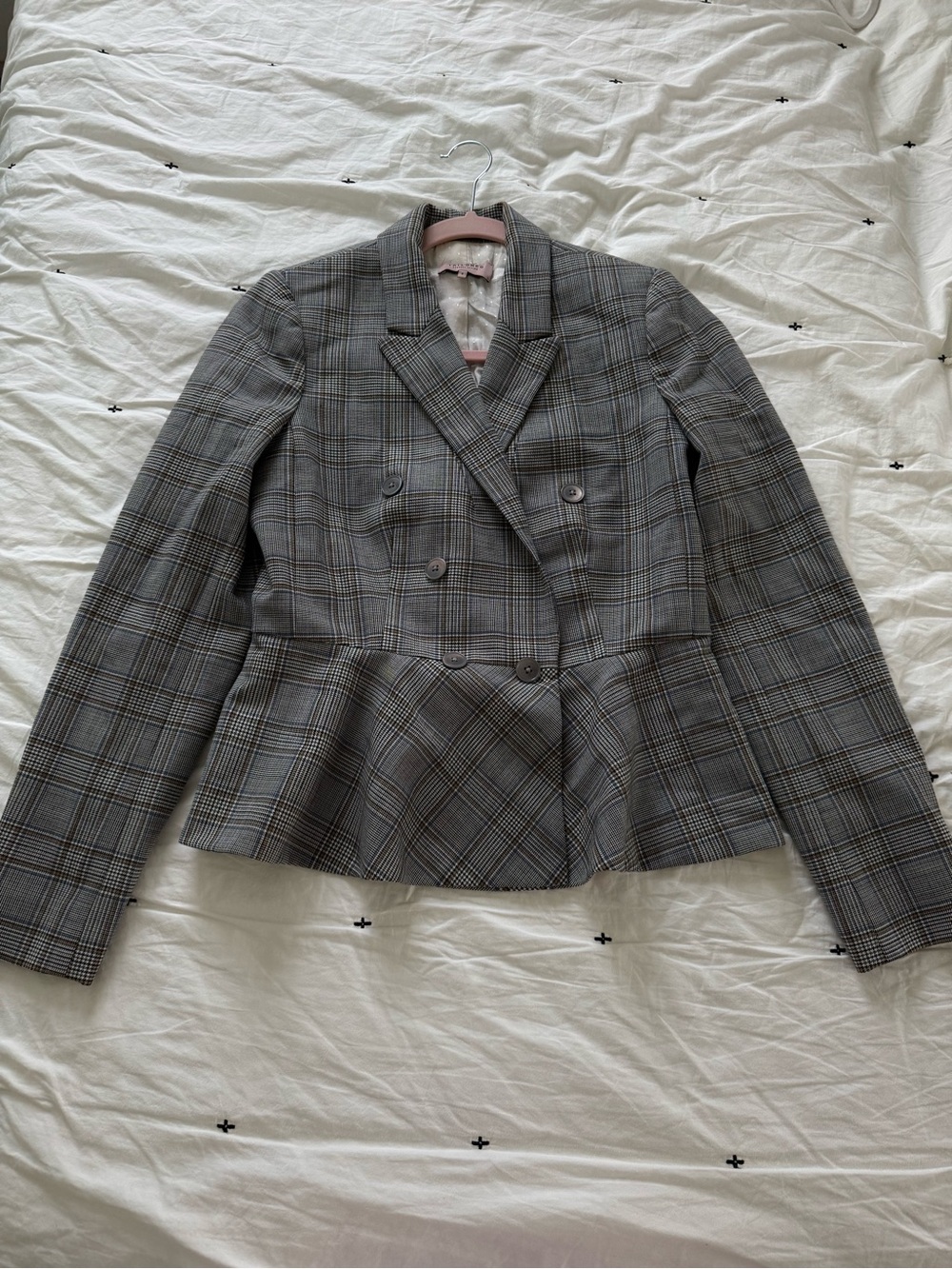 Rebecca Taylor Gray Plaid Double-Breasted Peplum Blazer